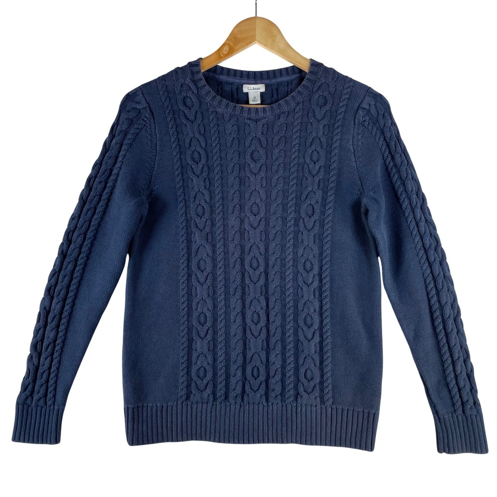 l.l. bean double L cable knit crewneck sweater womens M navy blue 100% cotton